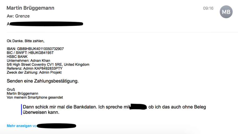 CTO Scam, anonymisiert 2, CEO Masche, Martin Brüggemann (screenshot: t3n)