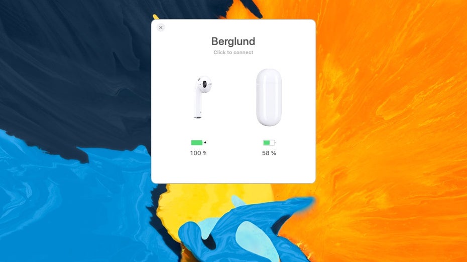 Beim Öffnen des Airpods-Cases erscheint das Overlay am Mac. Mit einem Klick können die Airpods verbunden werden. (Screenshot: Airbuddy / t3n) Airbuddy verbindet eure Airpods mit einem Klick mit dem Mac