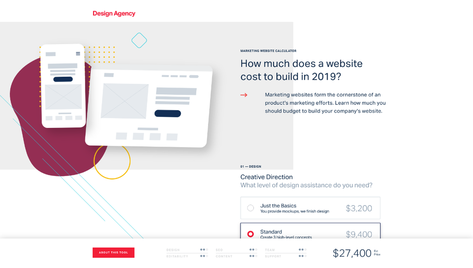 Der Kostenrechner von Designagency.io schätzt die Kosten für die Entwicklung einer Unternehmens-Website. (Screenshot: t3n.de)
