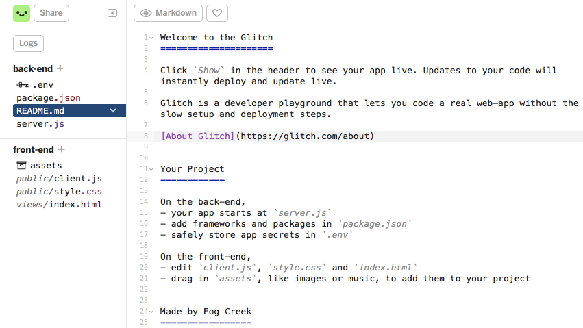 Der Glitch-Editor erinnert an eine vollständige Entwicklungsumgebung – nur im Webbrowser. (Screenshot: Glitch)