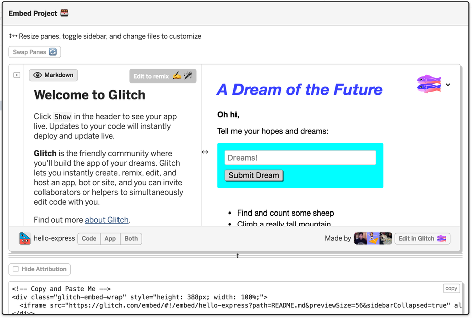 Wie ein Glitch-Projekt eingebunden werden soll, kann direkt eingestellt werden. (Screenshot: Glitch)