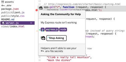 Probleme mit einer Code-Zeile? Frag mit wenigen Klick die Community. (Screenshot: Glitch)