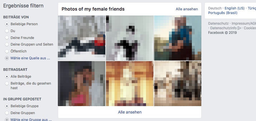 Fotos von Facebook-Freundinnen lassen sich gezielt mit einem Suchbegriff auffinden. Bei Männern geht das offenbar nicht. (Screenshot: Facebook/t3n Unkenntlichmachung: t3n)