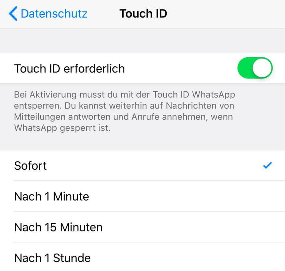 Whatsapp: Wer mag, kann die Messaging-App mit Touch- beziehungsweise Face-ID vor den Blicken anderer schützen. (Screenshot: Whatsapp/t3n)
