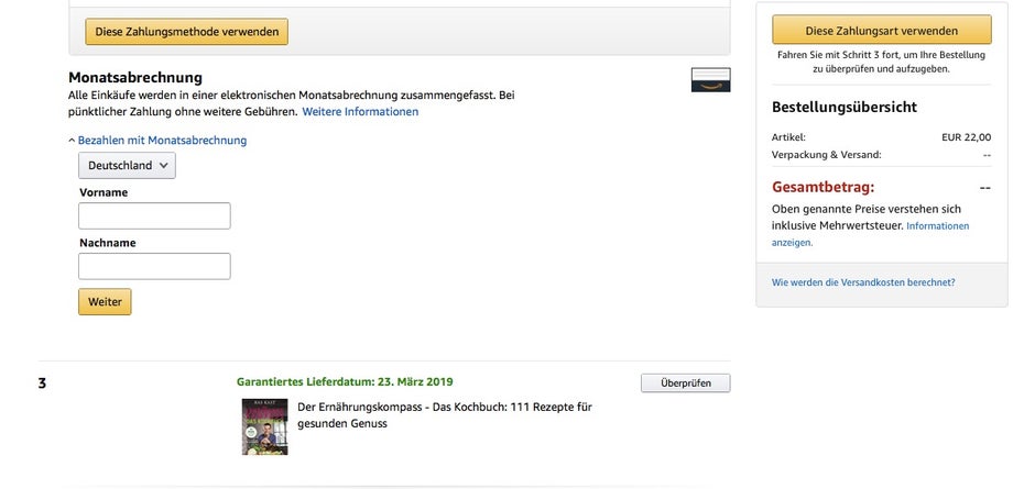 Eingabeformular für Vorname und Nachname. (Screenshot: Amazon.de)