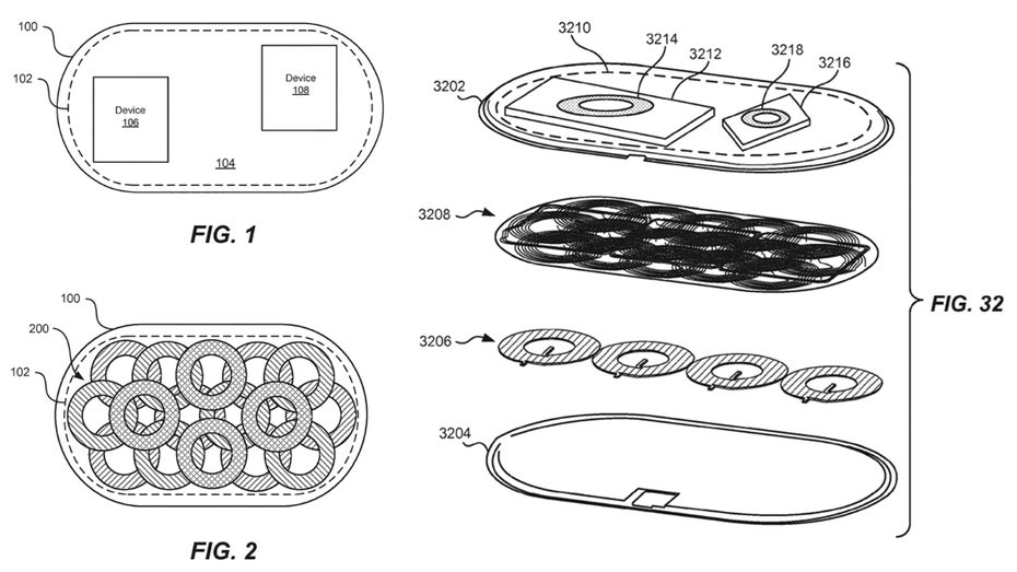 Patentskizzen zufolge wollte Apple seine Airpower-Matte mit bis zu 32 Spulen bestücken – kein Wunder, dass die Entwickler Probleme hatten, die Hitzeprobleme in den Griff zu bekommen. (Bild: USPTO)