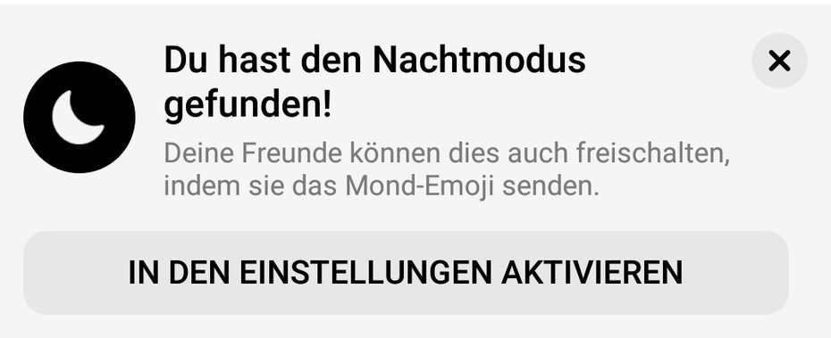 Facebook Messenger: Nach dem Versand des Halbmond-Emojis könnt ihr den Nachtmodus aktiveren. (Screenshot: Messenger / t3n)