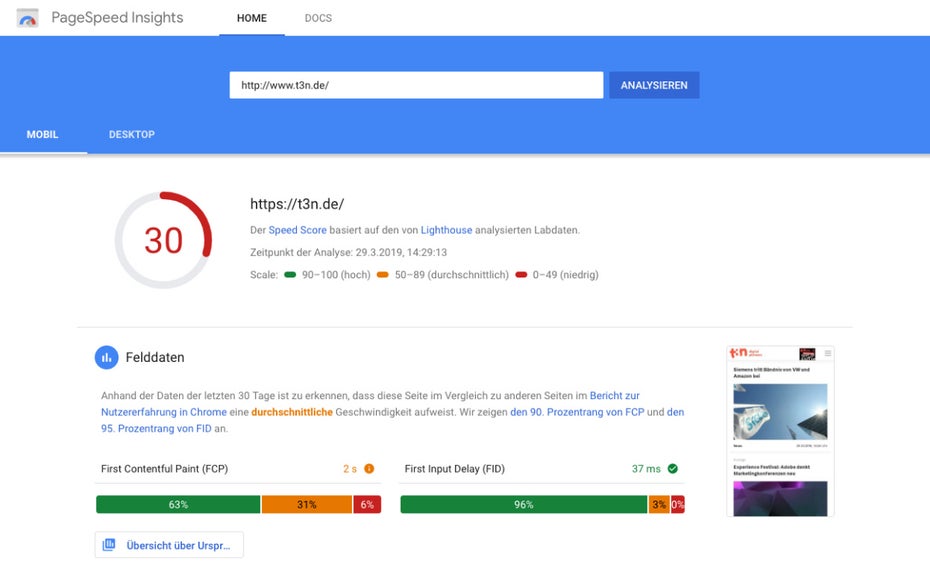 Website-Geschwindigkeit mit PageSpeed Insight von Google messen: Der Klassiker wurde über die Jahre immer wieder aufgebohrt. (Screenshot: Google / t3n)
