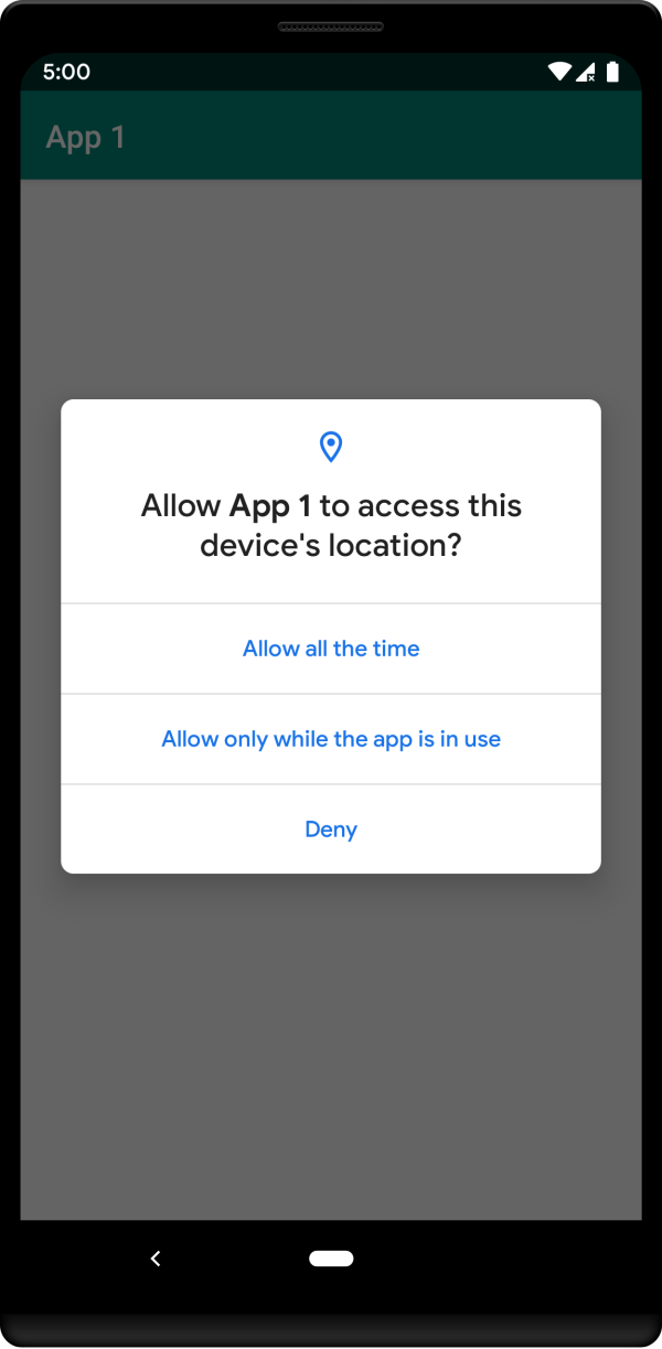 Die neue Standort-Abfrage in der ersten Android Q Beta fragt auch nach dem Zugriff im Hintergrund-Betrieb. (Grafik: Google)