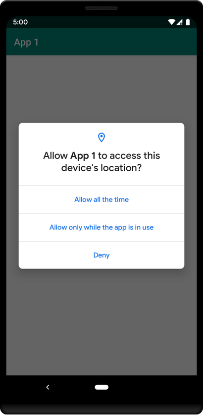 Die neue Standort-Abfrage in der ersten Android Q Beta fragt auch nach dem Zugriff im Hintergrund-Betrieb. (Grafik: Google)