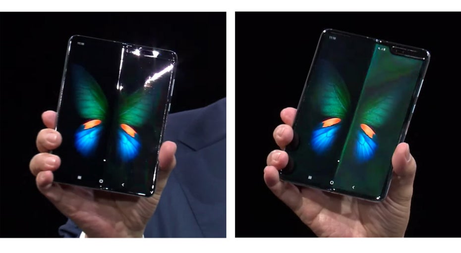 Foldables: Auf dem Foto ist zu erkennen, dass sich auch das Display von Samsungs Galaxy Fold leicht wölbt. (Foto: via the Verge)
