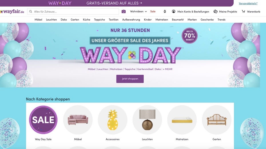 Diese drei Marktplätze bieten neue Umsatzchancen für Onlinehändler. (Screenshot: Wayfair.de) 3 Marktplätze für mehr Umsatz: Manomano, Wayfair und Panda Black