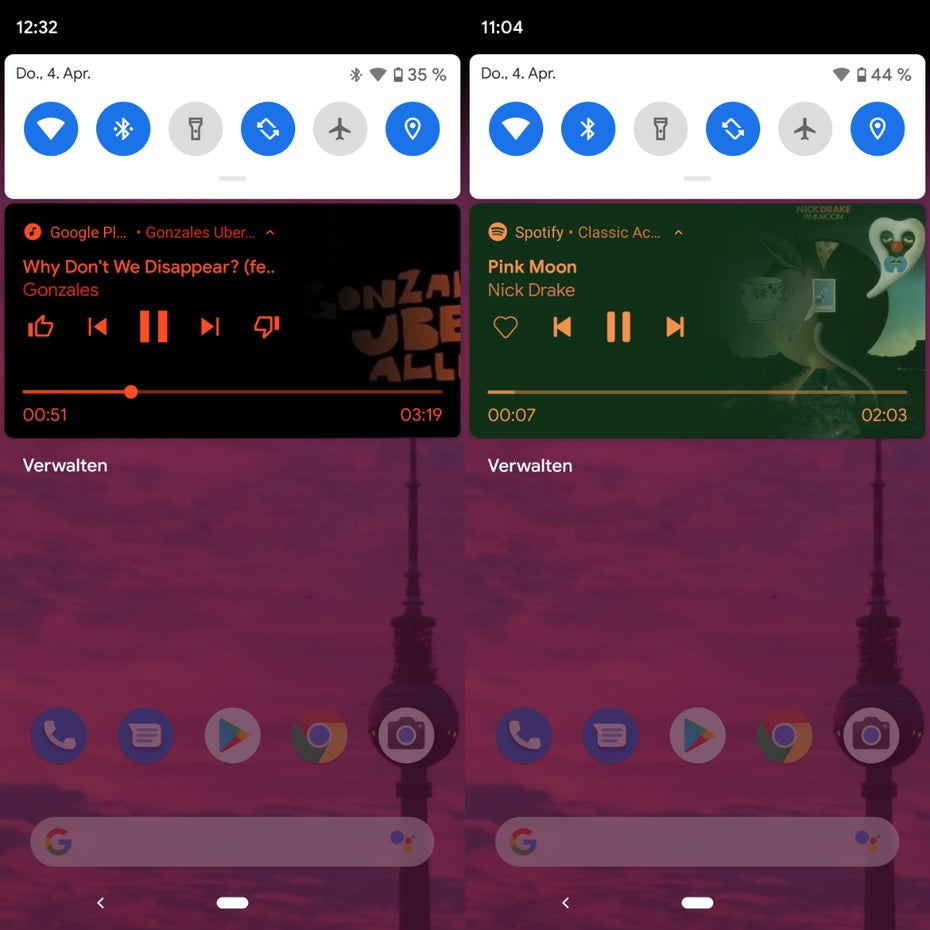 Android Q: Einige Mediaplayer unterstützen schon das Vor- und Zurückspulen von Musik in der Benachrichtigungsleiste. (Bild: t3n) 