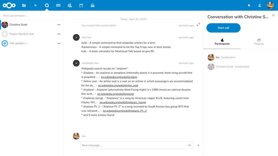 Die Nextcloud-App Talk integriert in der neuen Version 6 jetzt auch Commands, um beispielsweise Begriffe in der Wikipedia nachzuschlagen. (Screenshot: Nextcloud)