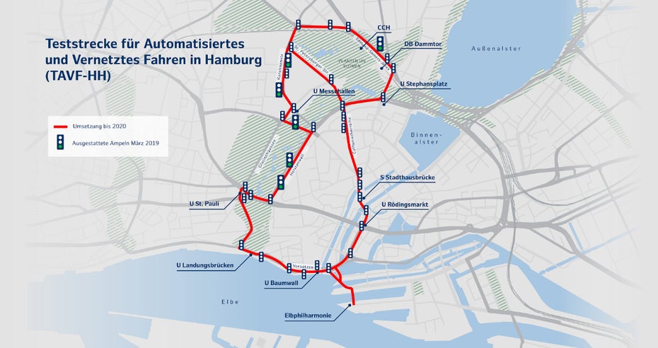 Die Teststrecke für autonomes Fahren in Hamburg. (Bild: VW)