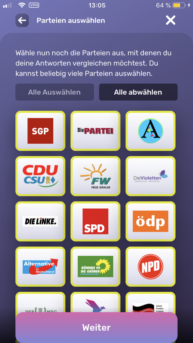 Nutzer können im Wahlswiper ihre Antworten mit 31 europäischen Parteien vergleichen. (Scrennshot: t3n)