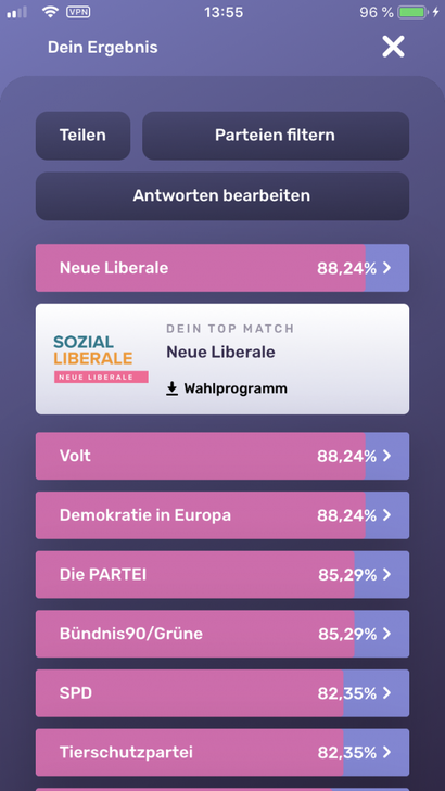 In der App Wahlswiper können auch kleinere Parteien, die der Nutzer vorher nicht kannte, es an die Spitze des Rankings schaffen. (Screenshot: t3n)
