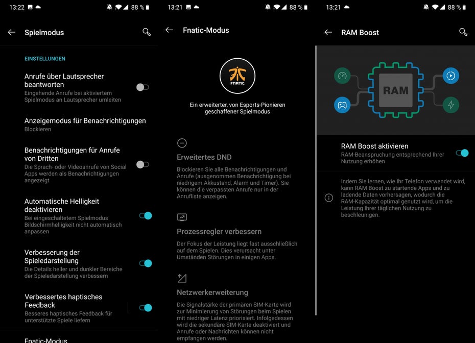 Das Oneplus 7 Pro kommt mir Gaming- und Fnatic-Modus sowie RAM-Boost. (Screenshots: t3n) 