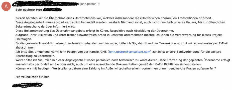 Ein Screenshot von einer CEO-Scam Email die bei t3n eingegangen ist. Ein einfacher Trick dabei: Betrüger geben den vermeintlichen Domain-Namen als Absendername der E-Mail ein. (Screenshot: t3n)