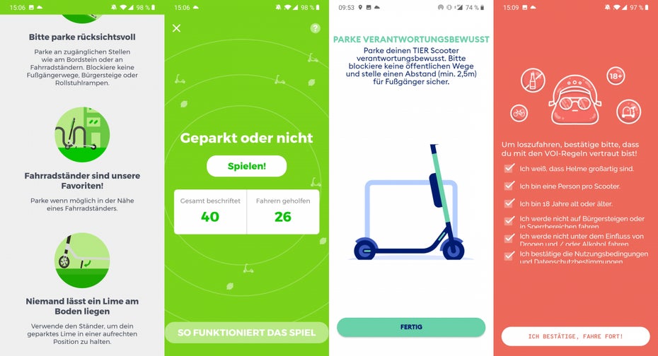 Die E-Scooter-Verleiher weisen in ihren Apps - auch während der Anmeldung auf ein rücksichtsvolles Parken hin. Außerdem empfehlen sie einen Helm. (Screenshots: t3n)