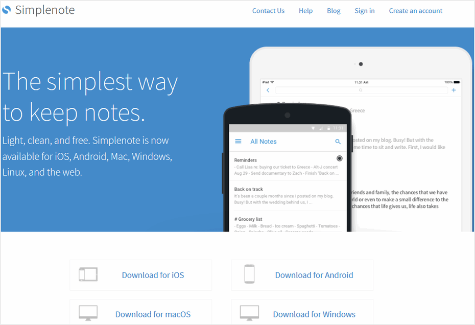 Screenshot: Website von Simplenote