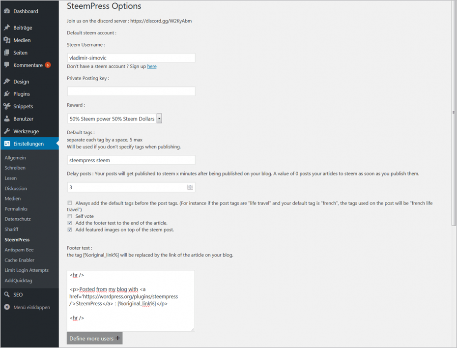 SteemPress-Einstellungen