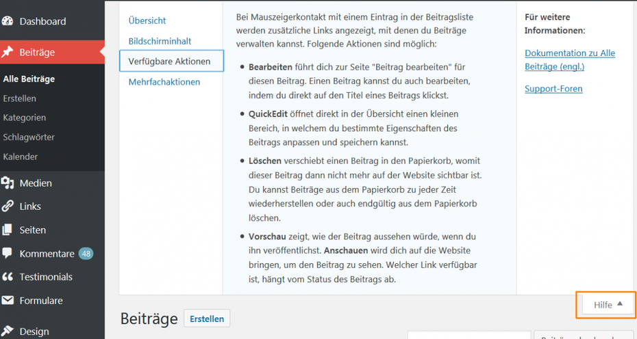 WordPress: Die kontextsensitive Hilfe