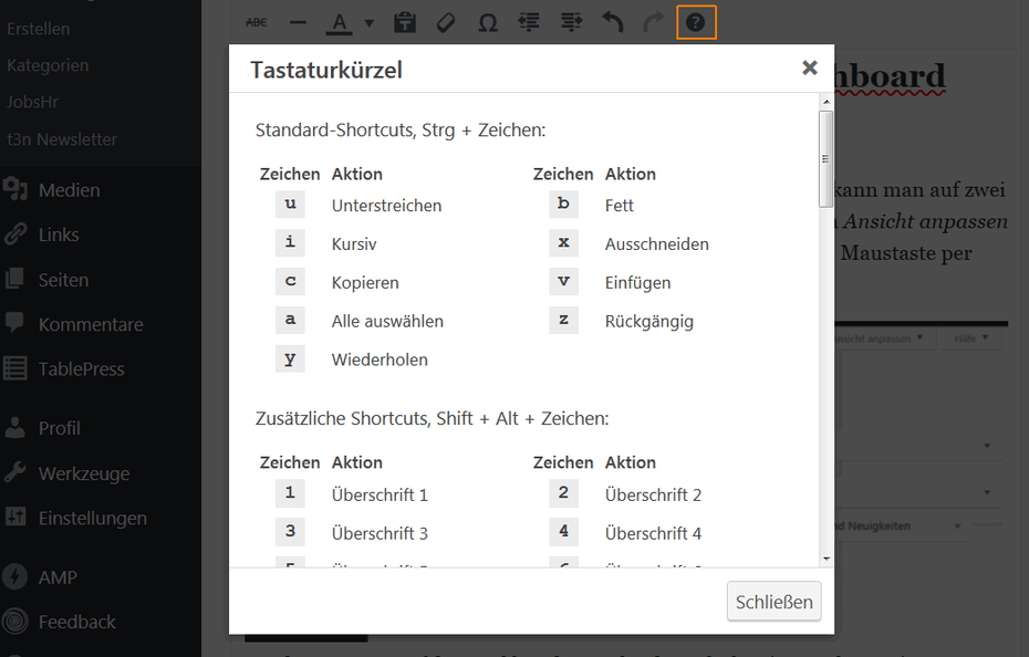 WordPress: Tastenkürzel im visuellen Editor