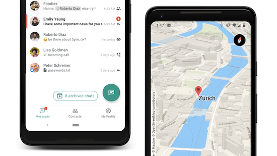Das ist der neue Look von Threema. Beim Chat gibt es neue Funktionen, die Kartenfunktionen nutzen Daten von Openstreetmap. (Bild: Threema) Threema-Update für Android: Nicht nur der Look ist jetzt anders
