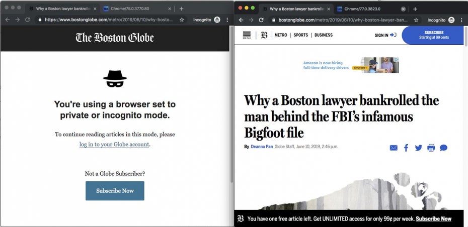 Mit dem „echten“ Inkognitomodus in Chrome 76 wird der Fehler in der FileSystem API behoben und ermöglicht Zugriff auf Paywall-Artikel.(Screenshot: <a href="https://twitter.com/paul_irish/status/1138471166115368960">Paul Irish</a>)