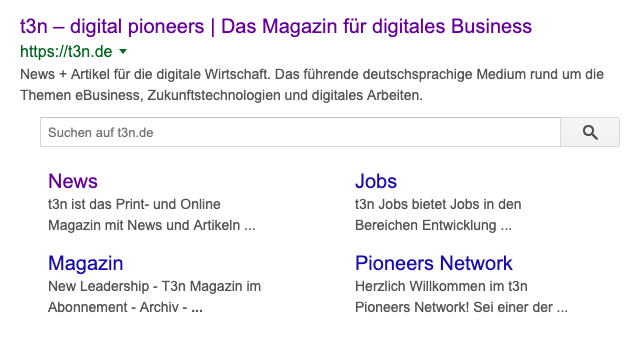 Mit einer XML-Sitemap wird eure Website mit Unterseiten in den Suchergebnissen angezeigt. (Screenshot: t3n) Content is King – Code is Queen: SEO-Maßnahmen für Entwickler