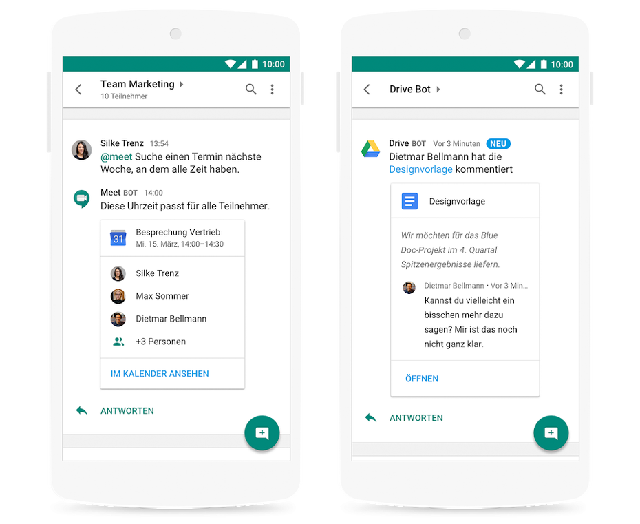 In Googles Hangouts-Chat sind Schnittstellen zu anderen Google-Diensten wie Kalender und Drive integriert. (Screenshot: Google)