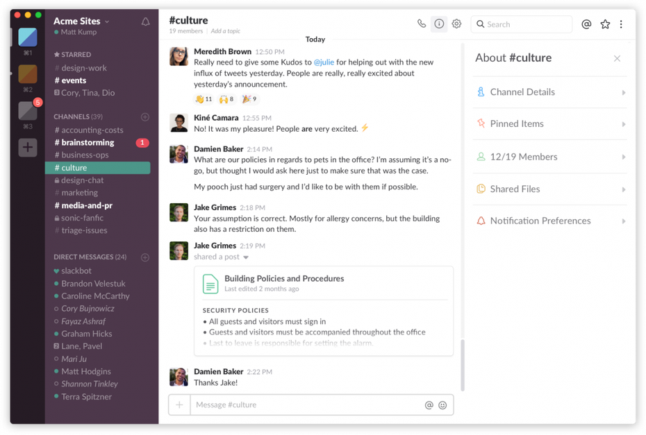 Der beliebte Dienst Slack bietet Unmengen praktischer Kommunikations-Funktionen, spart jedoch ein bisschen bei Sicherheit und Privatsphäre. (Screenshot: Slack)