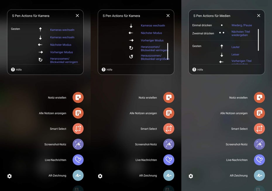 Samsung Galaxy Note 10 - einige S-Pen-Gesten. (Screenshot: t3n)
