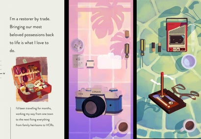 Screenshot-Collage von „Assemble with Care“ auf iPhone auf Apple Arcade.