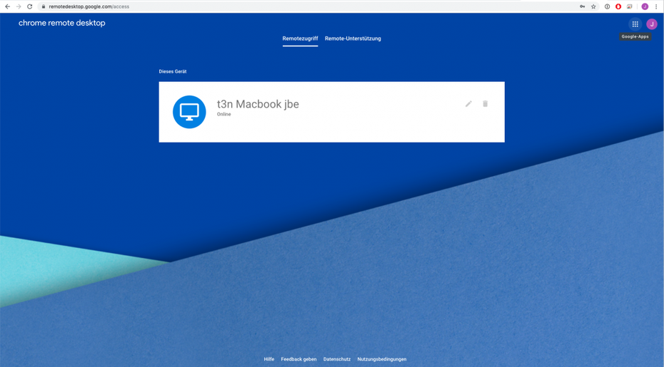 Google Chrome Remote Desktop Verbindungsfenster im Browser.