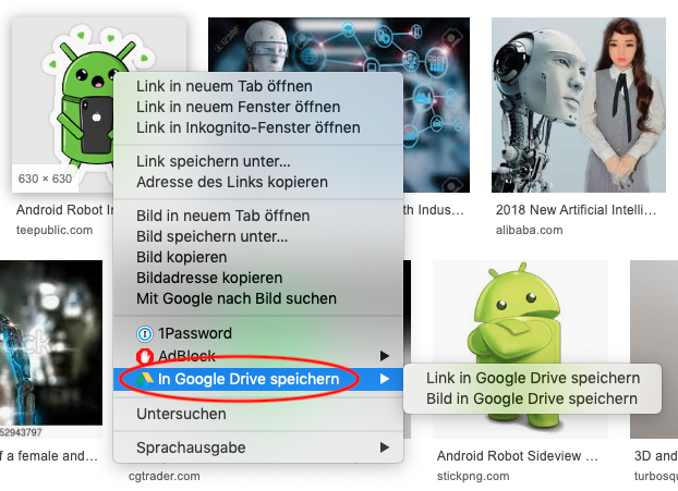 Kontextmenü der Google-Suche zum Speichern von Link-Zielen und Bildern in Google Drive.