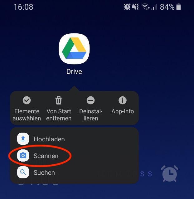 Kontextmenü der Google-Drive-Android-App zum Einscannen von Dokumenten mit der Smartphone-Kamera.