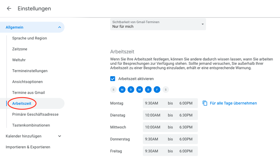 Arbeitszeit-Einstellungen in Google Kalender.