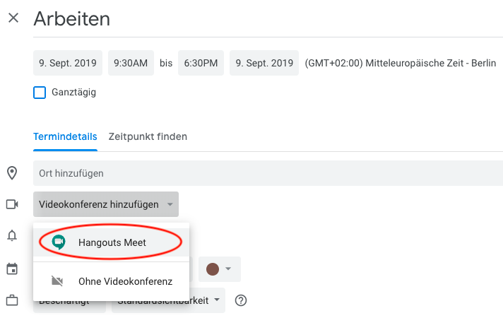 Hangouts-Videokonferenz zu Termin in Google Kalender hinzufügen.
