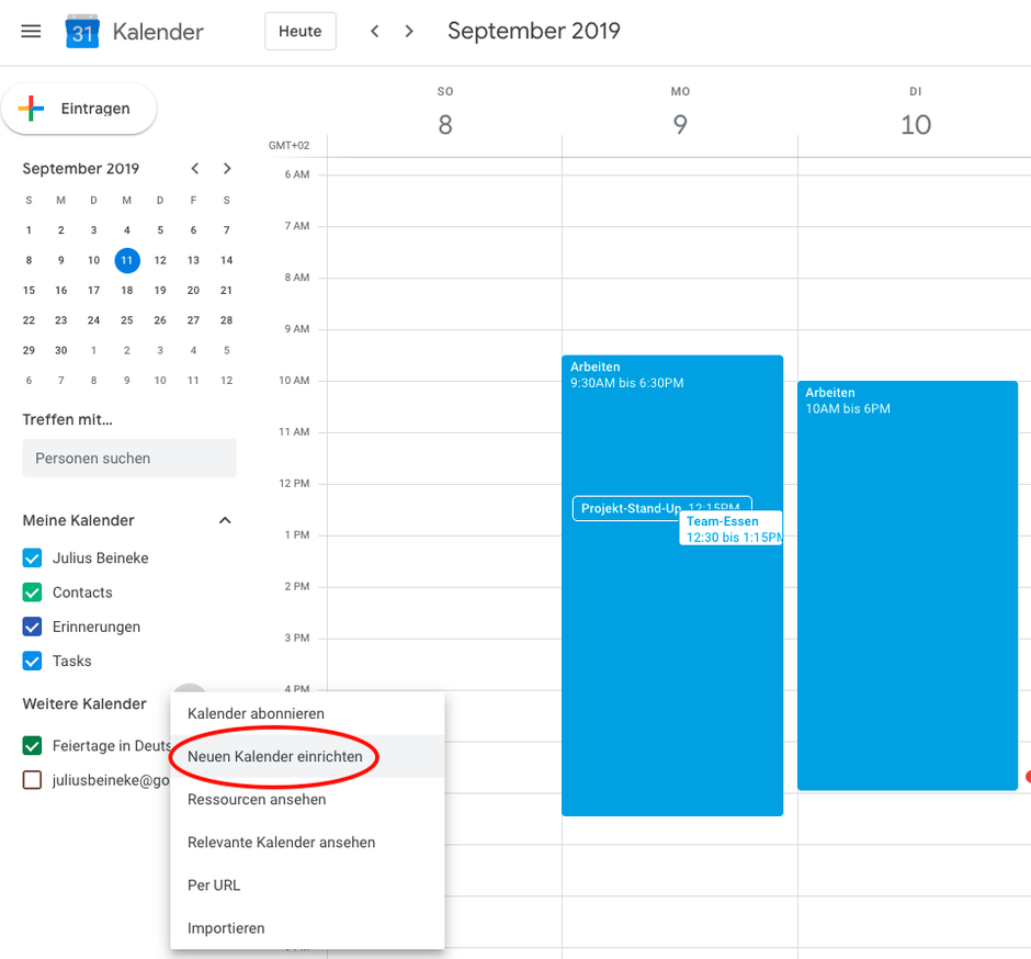 Neuen Kalender in Google Kalender erstellen.