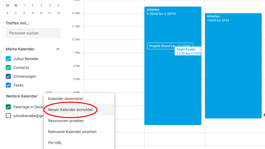 Klickt zum Erstellen eines neuen Kalenders auf das Plus-Symbol neben „Weitere Kalender“ (im „Hamburger“-Menü) und auf „Neuen Kalender einrichten“. (Screenshot: t3n)