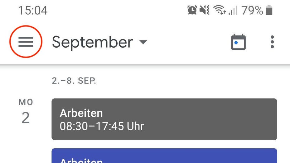 Ein Tipp auf die drei Linien öffnet das Menü der Google-Kalender-App für Android. (Screenshot: t3n)