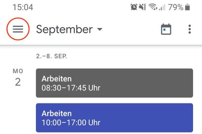Menü-Button in der Android-App von Google Kalender.