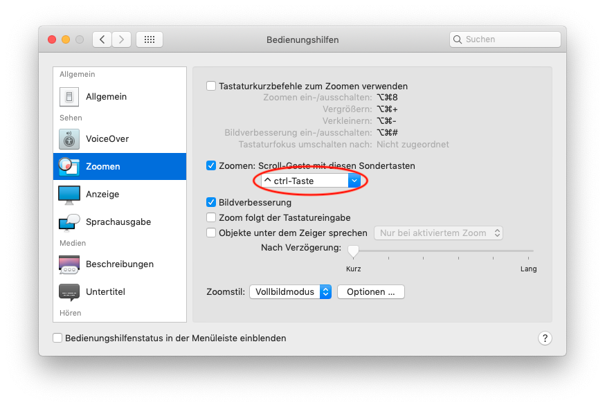 Zoom-Einstellungen in den Bedienungshilfen unter MacOS.