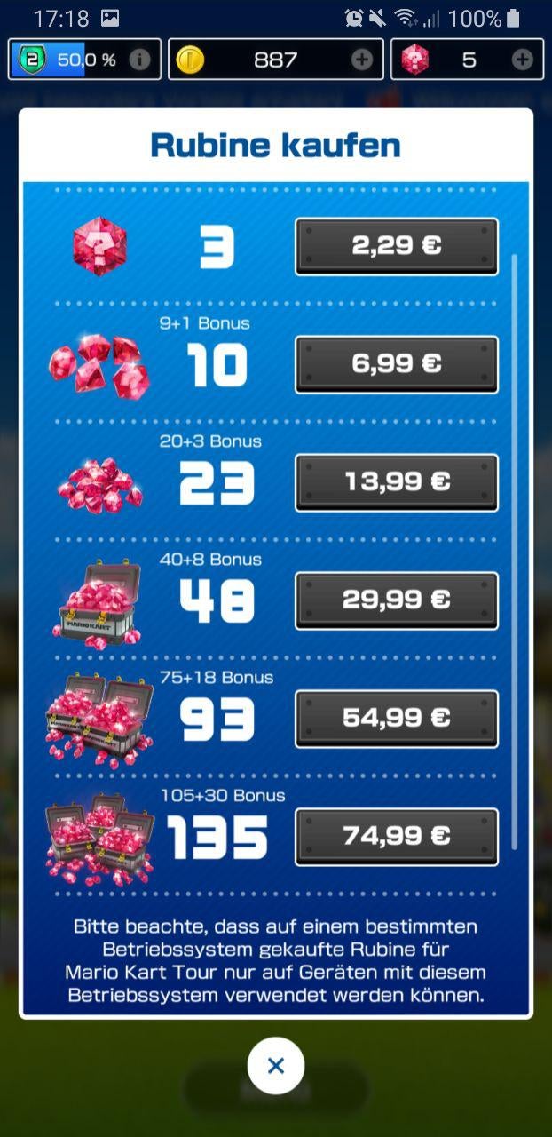 Rubine sind eine In-Game-Währung bei Mario Kart Tour. Von ihnen kauft man  unter anderem Lootboxen. (Screenshot: t3n)