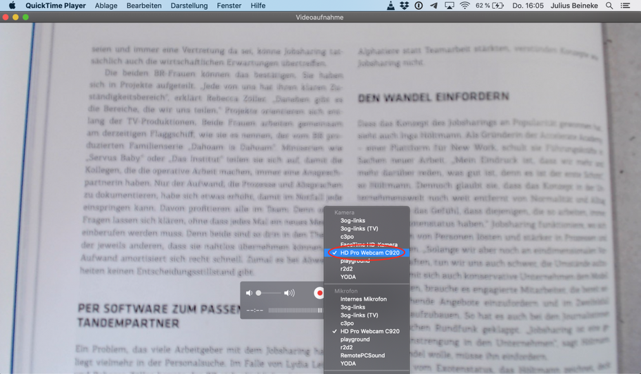 Bildquelle-Auswahl im QuickTime-Player.