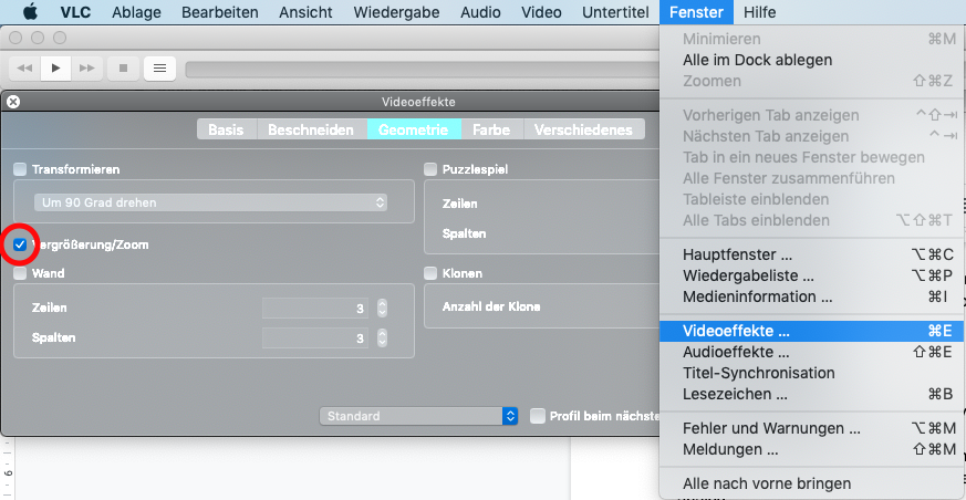 Zoom aktivieren im VLC Player unter MacOS.