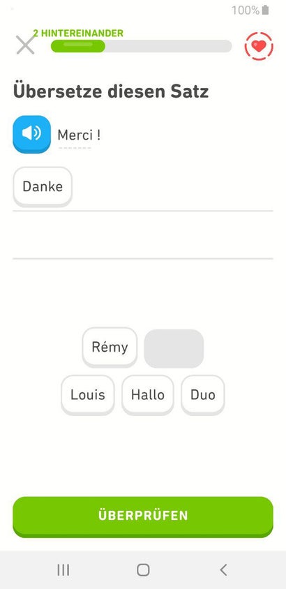 Französisch-Basislektion in Duolingo.