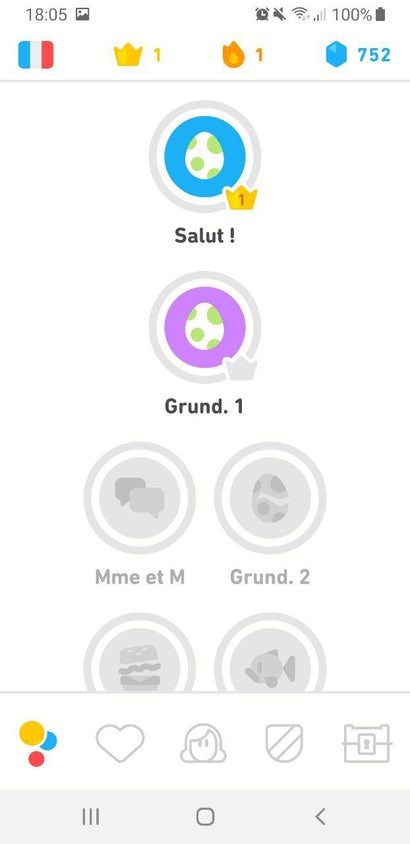 Fortschritt und Einheiten bei Duolingo.